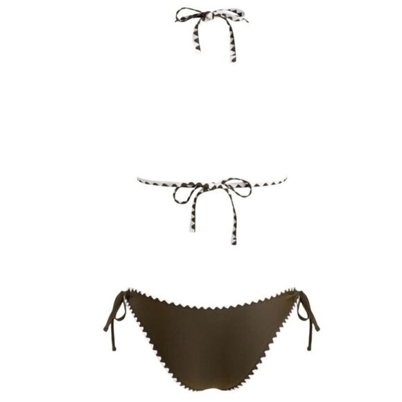 Cupshe XS Bikini Brown White Whipstitch Halter Plunge Tie Two Piece Swimsuit - Picture 5 of 9